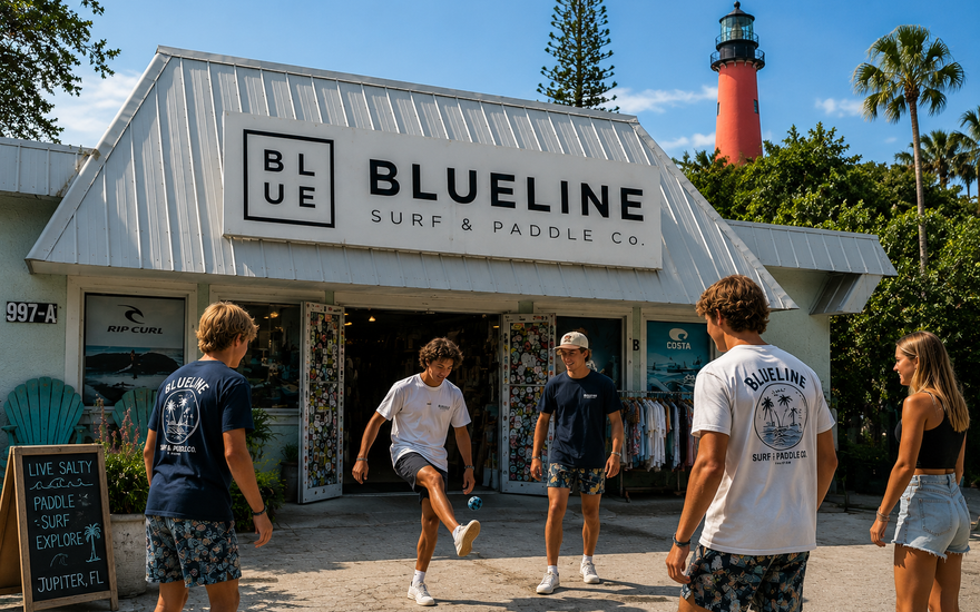 Friends playing hacky sack outside Blueline Surf & Paddle Co. in Jupiter, Florida with the Jupiter Lighthouse behind the shop.