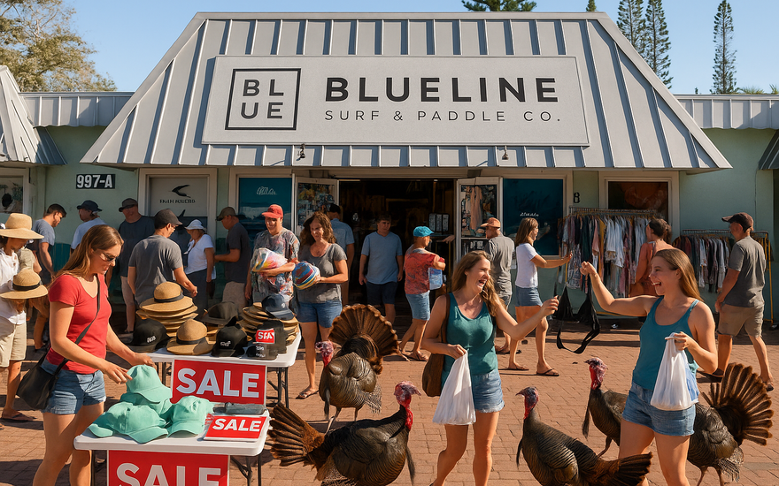 A busy outdoor parking lot Black Friday sale at Blueline Surf & Paddle Co. in Jupiter, Florida, with shoppers browsing racks and tables of clothing while several turkeys wander through the scene on a sunny day.