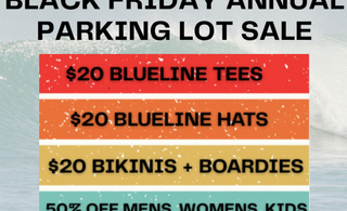 Blueline Surf and Paddle Co. Black Friday Sale in Jupiter, Florida. Parking lot sale with $20 hats, t-shirts, board shorts