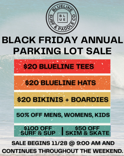 Blueline Surf and Paddle Co. Black Friday Sale in Jupiter, Florida. Parking lot sale with $20 hats, t-shirts, board shorts