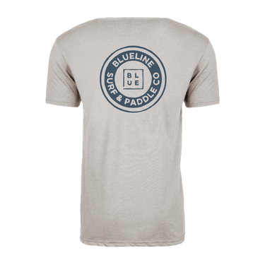 Beige t-shirt with Vintage Blueline Surf & Paddle Co logo