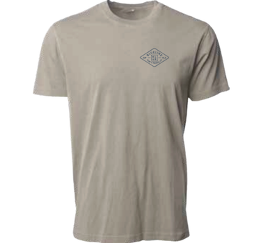 Beige t-shirt with a diamond blueline logo on a white background