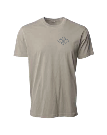 Beige t-shirt with a diamond blueline logo on a white background
