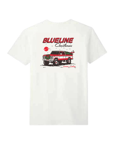 Blueline Christmas T-Shirt 2025 in Washed Natural with festive holiday truck graphic and Jupiter Florida text – back view