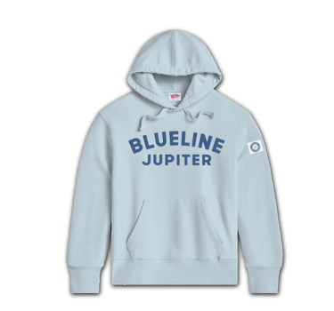 Light blue Blueline hoodie with embroidered Jupiter logo on the chest displayed on a white background