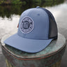 Blueline OG UV Lite Hat in Slate and Navy with signature patch on dock in Jupiter Florida – front view