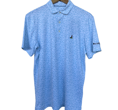 Blueline polo shirt with a logo on a hanger against a white background