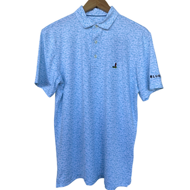 Blueline polo shirt with a logo on a hanger against a white background