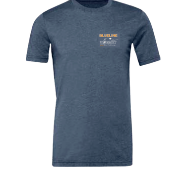 Blueline Skiff & Fly Fishing T-Shirt in Heather Navy with small chest logo – front view