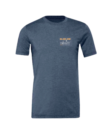 Blueline Skiff & Fly Fishing T-Shirt in Heather Navy with small chest logo – front view