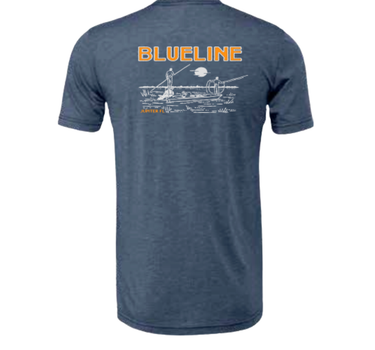 Blueline Skiff & Fly Fishing T-Shirt in Heather Navy with hand-drawn skiff and fisherman graphic – back view
