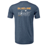 Blueline Skiff & Fly Fishing T-Shirt in Heather Navy with hand-drawn skiff and fisherman graphic – back view