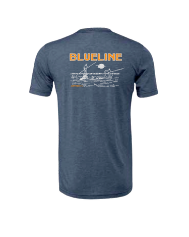 Blueline Skiff & Fly Fishing T-Shirt in Heather Navy with hand-drawn skiff and fisherman graphic – back view
