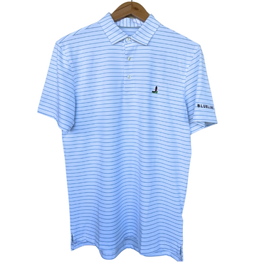 Blue striped polo shirt on a hanger with 'Blueline' branding. Jupiter Lighthouse on front left. 