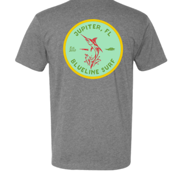 Blueline Marlin T-Shirt in Dark Grey Heather with Jupiter FL marlin badge graphic – back view
