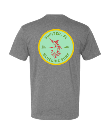 Blueline Marlin T-Shirt in Dark Grey Heather with Jupiter FL marlin badge graphic – back view