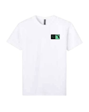 White t-shirt with a small black and mint green Florida Box logo.