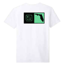 White t-shirt with a Blueline Surf and Paddle box logo in black with the state of florida, over a mint square on the back.