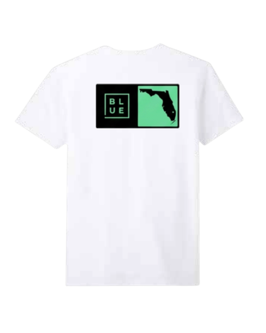 White t-shirt with a Blueline Surf and Paddle box logo in black with the state of florida, over a mint square on the back.