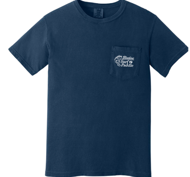 Blueline Surf and Paddle's Comfort Colors Jumping Mahi Pocket T-Shirt in True Navy featuring chest pocket with Mahi logo and offshore mahi fish artwork on the back.