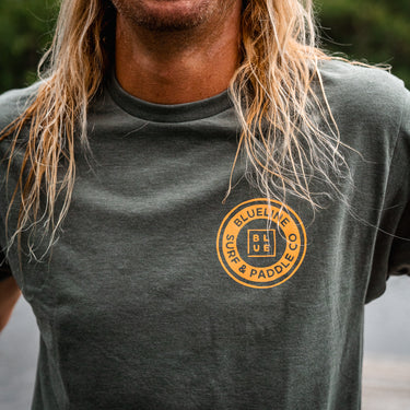 Blueline Surf and Paddle Co. Green vintage t -shirt with orange logo
