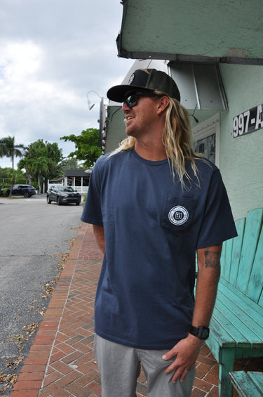 Front view of Vineyard Vines and Blueline pocket t-shirt in blue