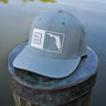 Gray hat state of florda with a square and the word blue. 