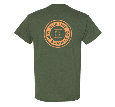 Green t-shirt with the 'BLUELINE SURF & PADDLE CO.' logo in orange back of the shirt