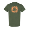 Green t-shirt with the 'BLUELINE SURF & PADDLE CO.' logo in orange back of the shirt