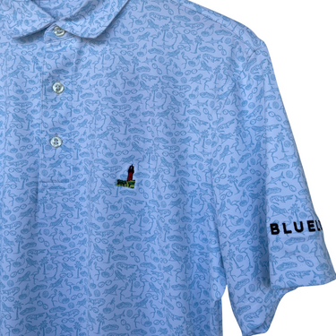 Light blue patterned shirt with a small Jupiter Lighthouse logo and 'BLUELINE' text on sleeve