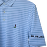 Light blue striped polo shirt with a small logo and 'Blueline' text on a white background