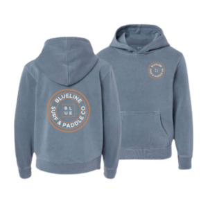 Kids slate-blue pigment-dyed hoodie with Blueline OG Circle logo on front and back 