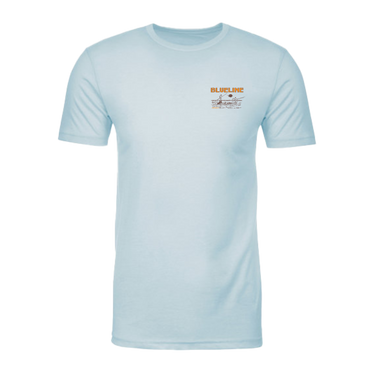 Blueline Surf & Paddle Co. fly fishing T-shirt featuring a guide poling on a skiff with an angler casting at sunset in Jupiter, Florida. It is the front of the t-shirt with the logo on the left side. 