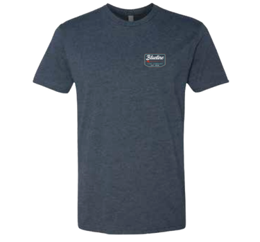 Navy blue t-shirt with a logo on the chest against a white background