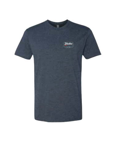 Navy blue t-shirt with a logo on the chest against a white background