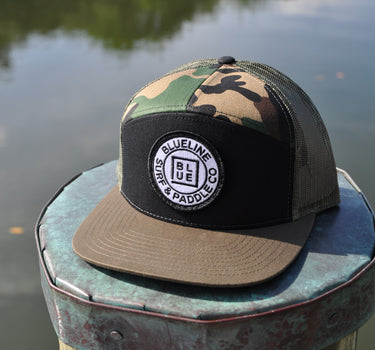 OG Blueline black camo loden flat bill hat on dock in Jupiter Florida