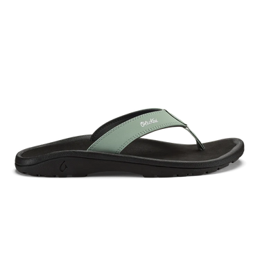 Side profile of OluKai ʻOhana sandals in seagreen black highlighting water-resistant straps, anatomical footbed, and lightweight design.