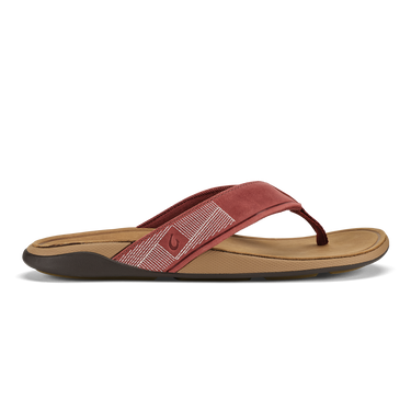 OluKai Tuahine men's waterproof leather sandals in Red Ochre and Tan featuring premium leather straps, anatomical comfort, and Wet Grip Rubber outsole.