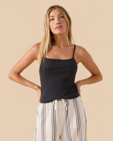 Outerknown Sojourn ribbed crop tank women’s organic cotton fitted tank top in wash black. 