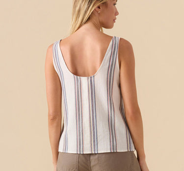 Outerknown Windswept gauze tank women’s lightweight breathable summer top relaxed coastal style back view on model.