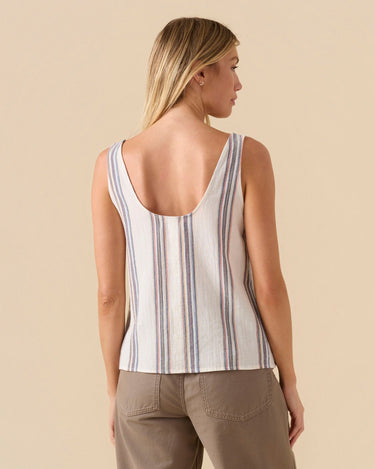 Outerknown Windswept gauze tank women’s lightweight breathable summer top relaxed coastal style back view on model.