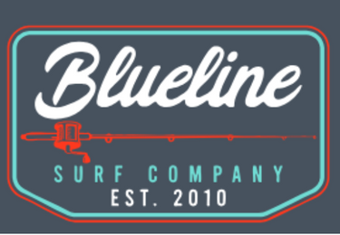 Blueline Surf Company logo with text and a surfboard graphic on a dark background