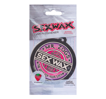 Official Mr. Zog's Sex Wax Strawberry Air Freshener retail packaging featuring strawberry scented surf wax inspired fragrance