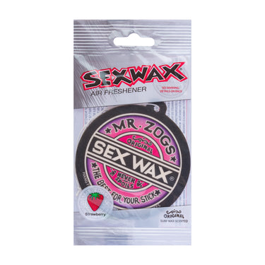 Official Mr. Zog's Sex Wax Strawberry Air Freshener retail packaging featuring strawberry scented surf wax inspired fragrance