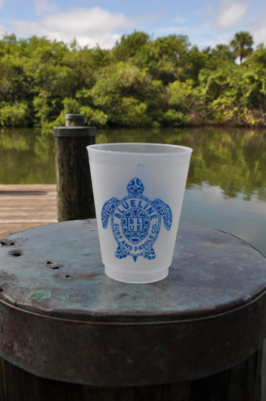 Blueline Surf & Paddle Turtle reusable frosted plastic cup with sea turtle design – 16 oz eco-friendly drinkware from Jupiter, Florida surf shop.
