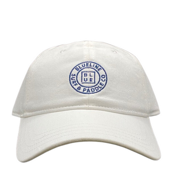 White cap with blueline surf and paddle co logo on a white background