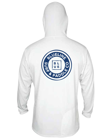 Back view of the ANETIK x Blueline Vintage Circle Men’s UV Tech Hoody with a large navy Vintage Circle logo
