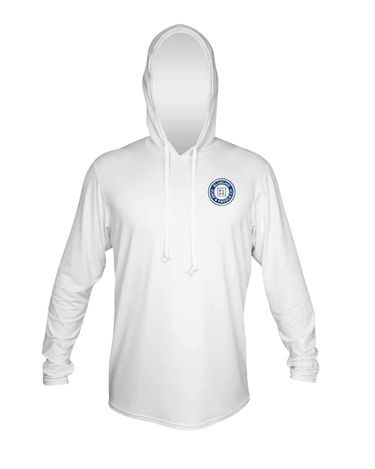 Front view of the ANETIK x Blueline Vintage Circle Men’s UV Tech Hoody in White with a navy chest logo