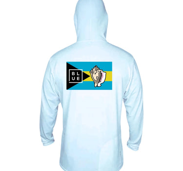 Bahamas Conch UV Hood Sky Blue lightweight performance sun hoodie featuring Bahamas inspired artwork for boating island adventures and beach days