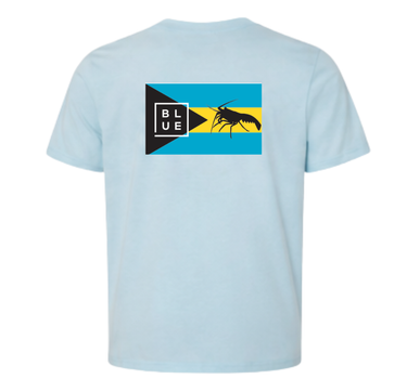 Light blue Bahamas Lobster T-Shirt from Blueline Surf & Paddle Co. featuring colorful island-inspired coastal artwork designed for boating, beach days, and the Bahamas lifestyle.